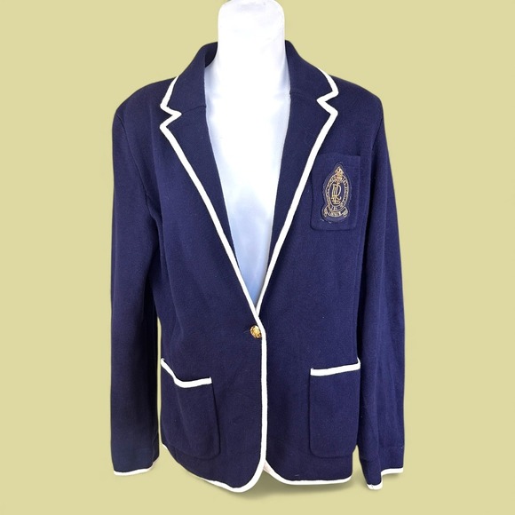 Ralph Lauren Jackets & Blazers - Ralph Lauren Navy Crest Emblem‎ Knit Blazer Jacket Women Gold Button Preppy
